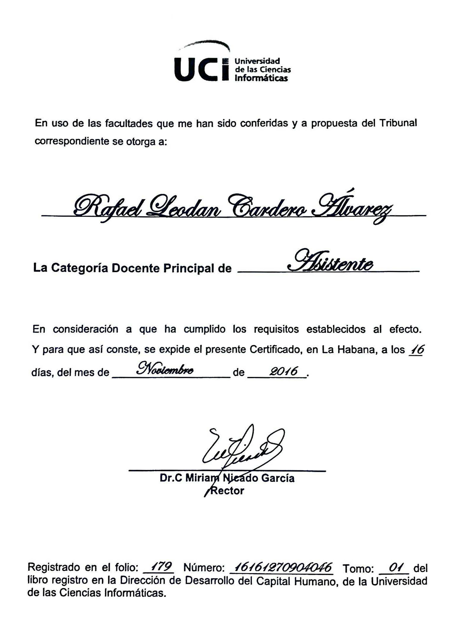 Certificado de Profesor Asistente, otorgado por la Universidad de las Ciencias Informáticas.