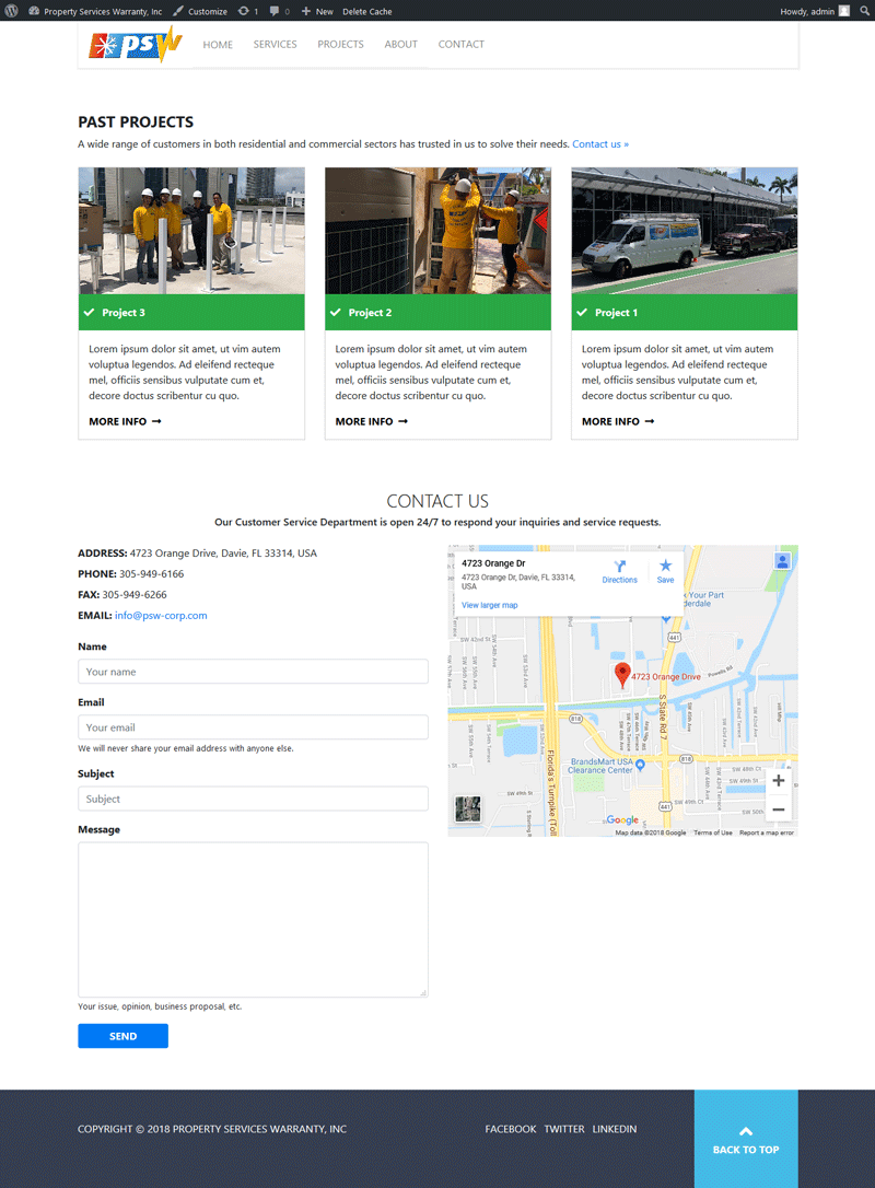 Sitio web "PSW Corporation": Página "Proyectos previos" vista en dispositivos de pantalla grande.