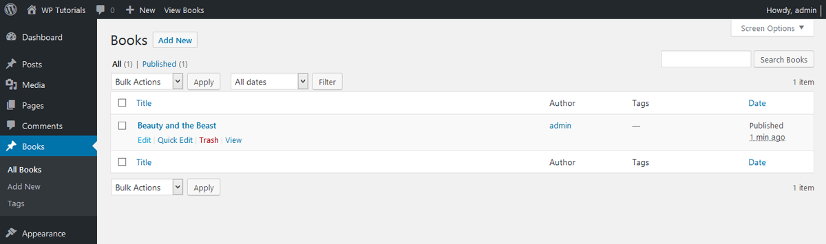 WordPress administration area - Post type "Book".