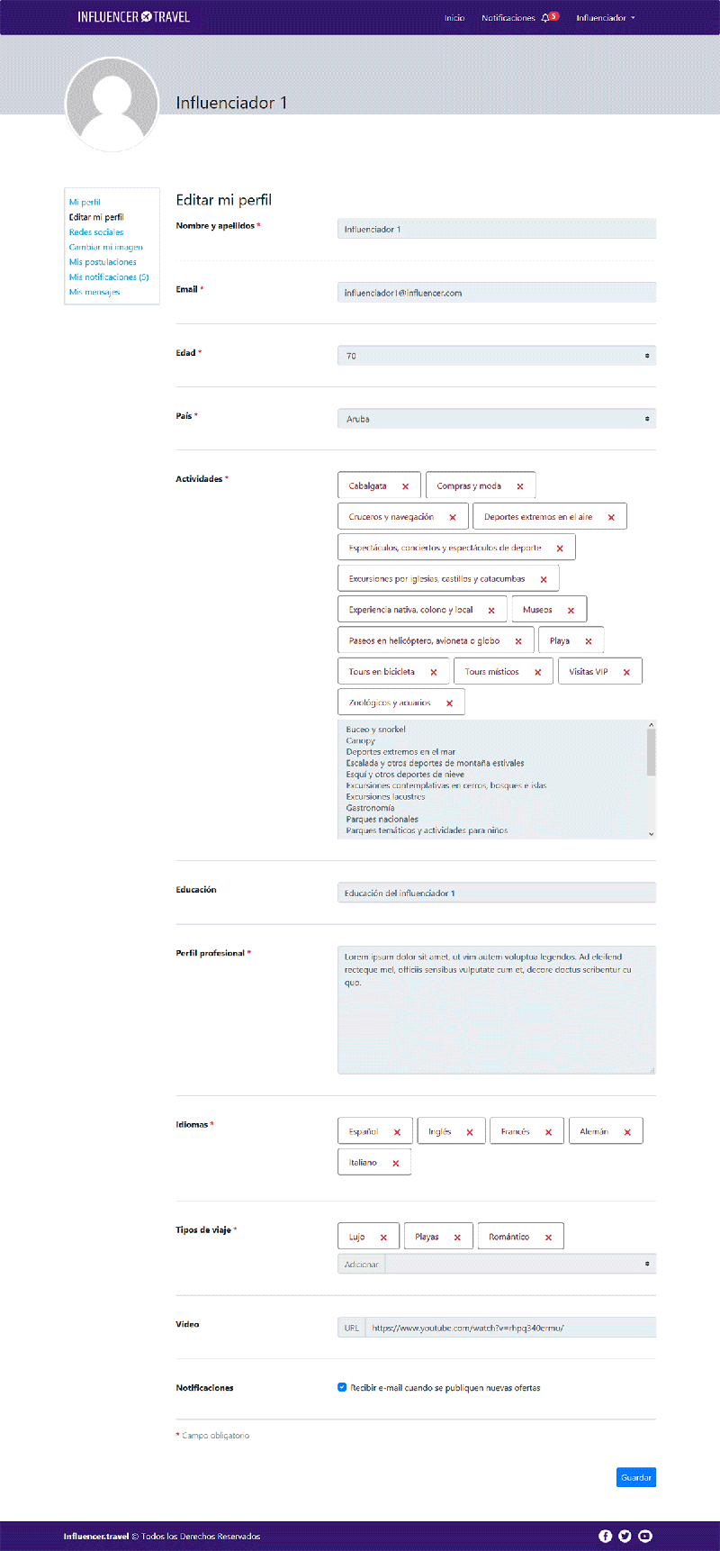 Sitio web Influencer.Travel: Página "Editar perfil de influenciador" vista en dispositivos de pantalla grande.