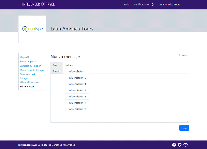 Sitio web Influencer.Travel: Página "Nuevo mensaje" vista en dispositivos de pantalla grande.