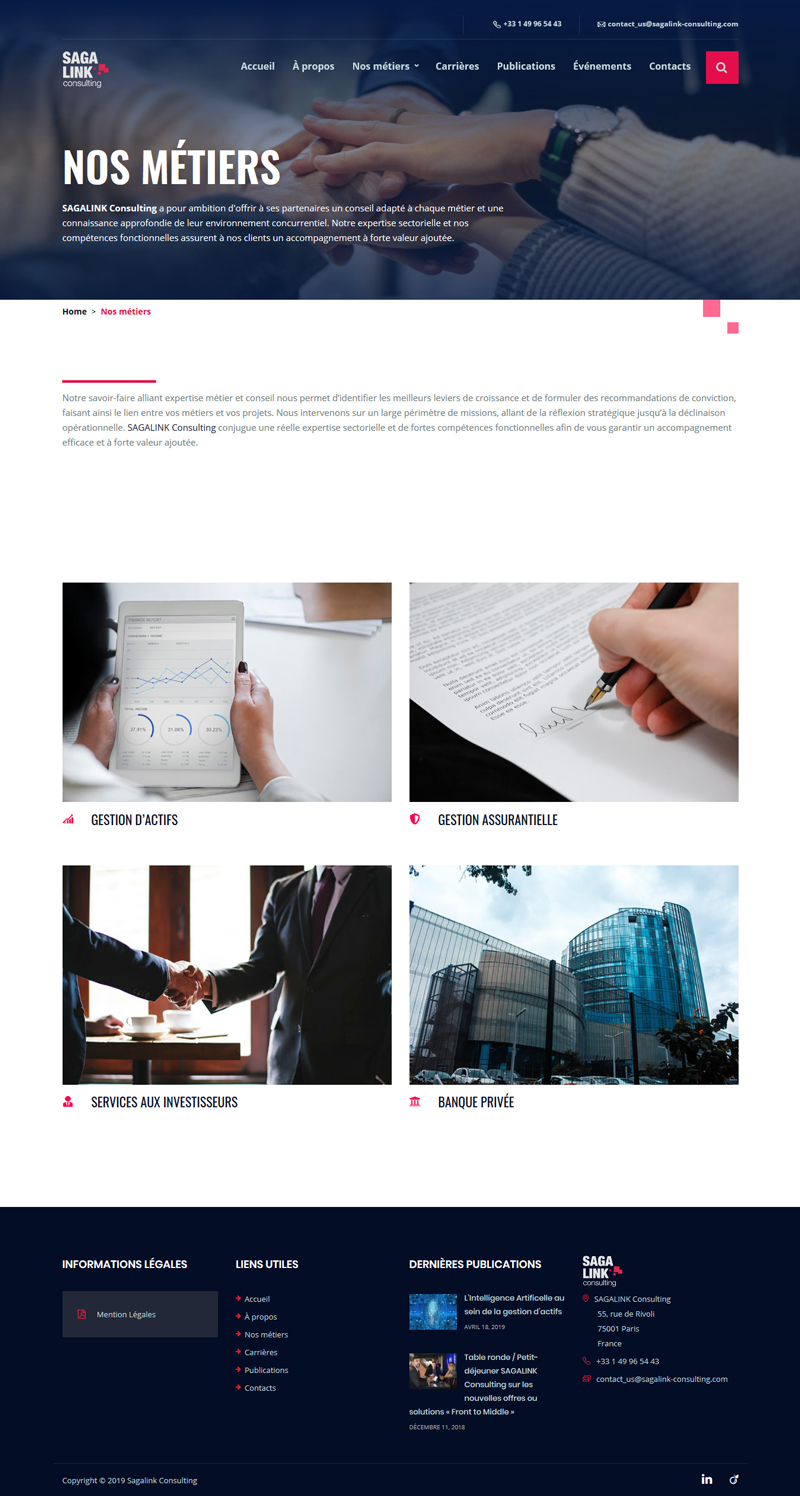 Sitio web "Sagalink Consulting": Página "Áreas de negocio" vista en dispositivos de pantalla grande.