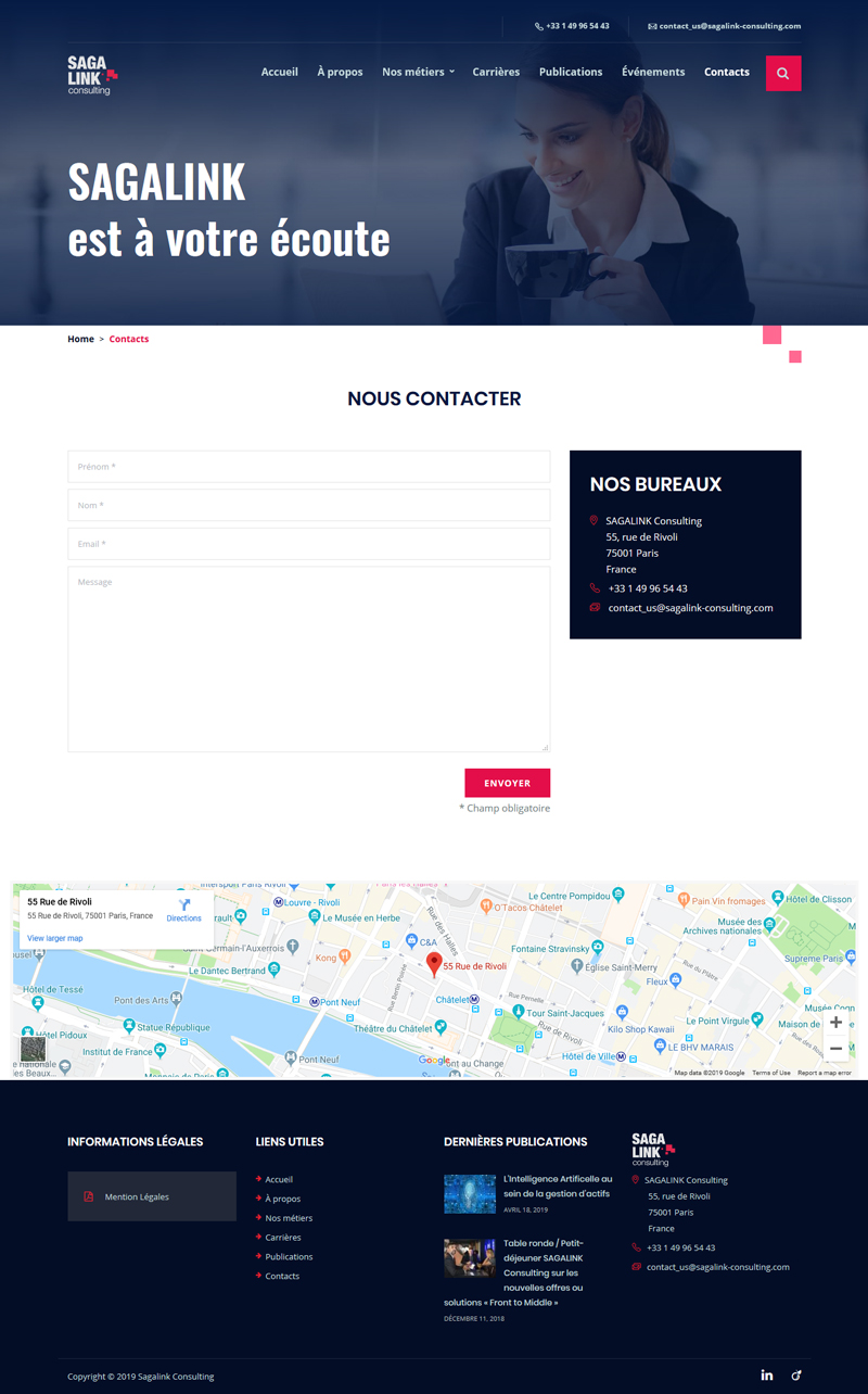 Sitio web "Sagalink Consulting": Página "Contáctanos" vista en dispositivos de pantalla grande.