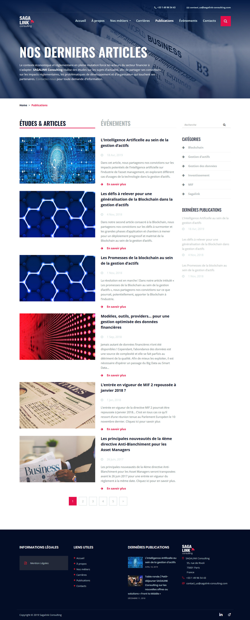 Sitio web "Sagalink Consulting": Página "Publicaciones" vista en dispositivos de pantalla grande.