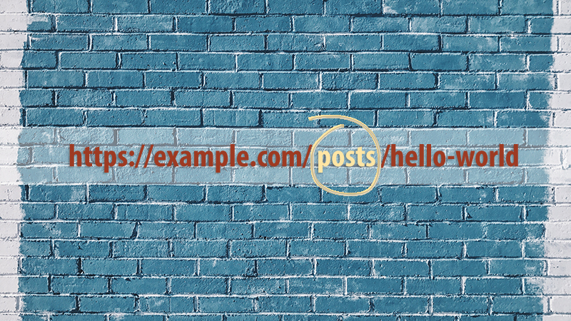 URL in gray concrete bricks painted in blue. The post type slug is highlighted.