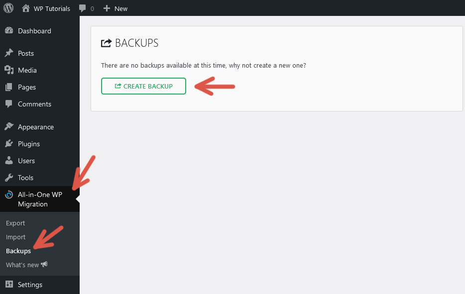 Screen indicating how to create a backup using the plugin All-in-One WP Migration.