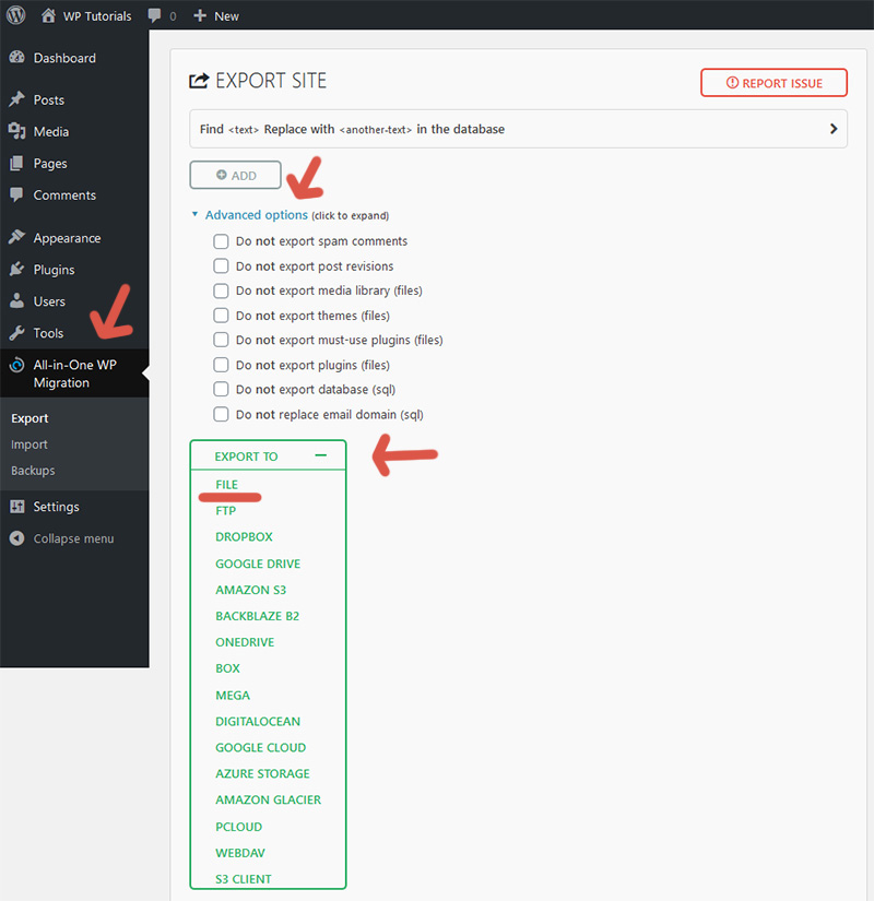 Screen indicating how to export a website to a file using the plugin All-in-One WP Migration.