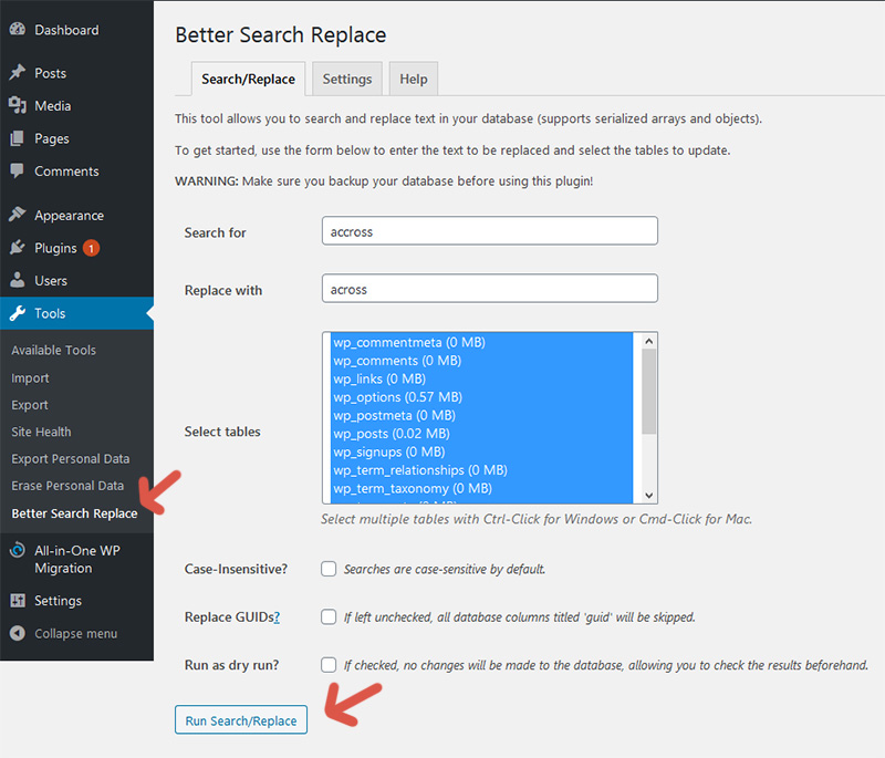 Main screen of the plugin Better Search Replace.
