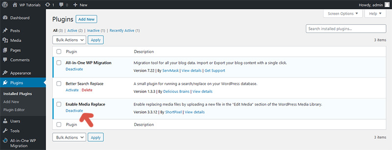 Link to deactivate the plugin Enable Media Replace.