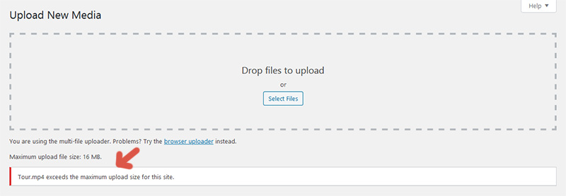 Message displayed by WordPress when you try to upload an attachment whose size is greater than the maximum allowed size.