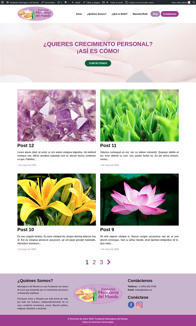 Sitio web "Mensajeros del Mundo": Página "Blog" vista en dispositivos de pantalla grande.