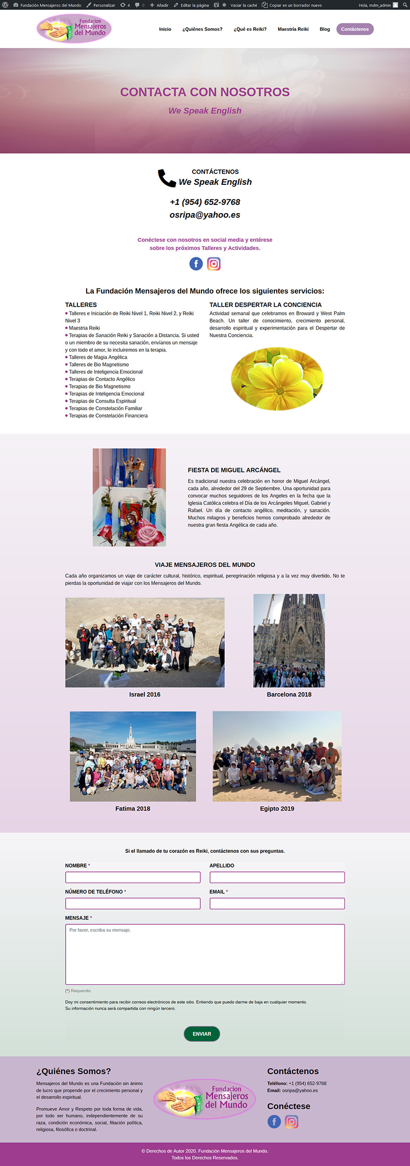 Sitio web "Mensajeros del Mundo": Página "Contáctenos" vista en dispositivos de pantalla grande.