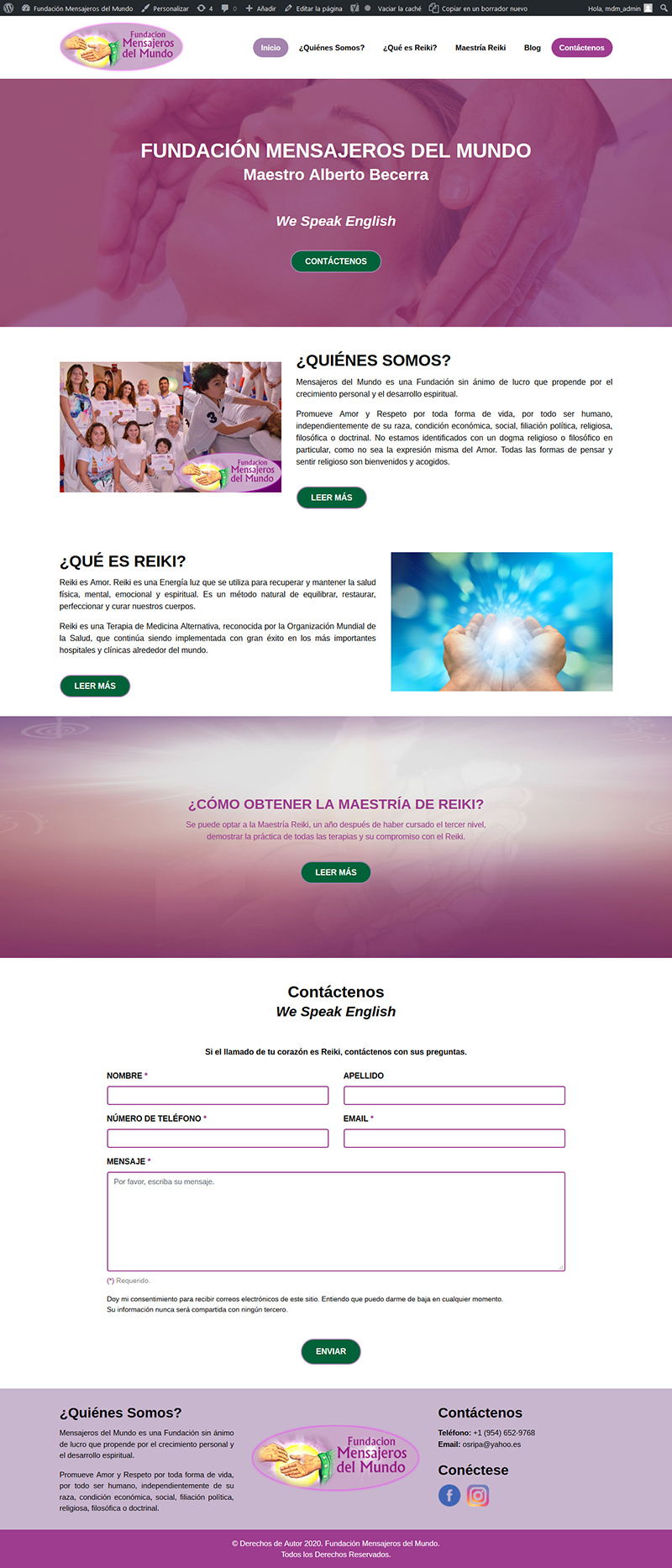 Sitio web "Mensajeros del Mundo": Página de inicio vista en dispositivos de pantalla grande.