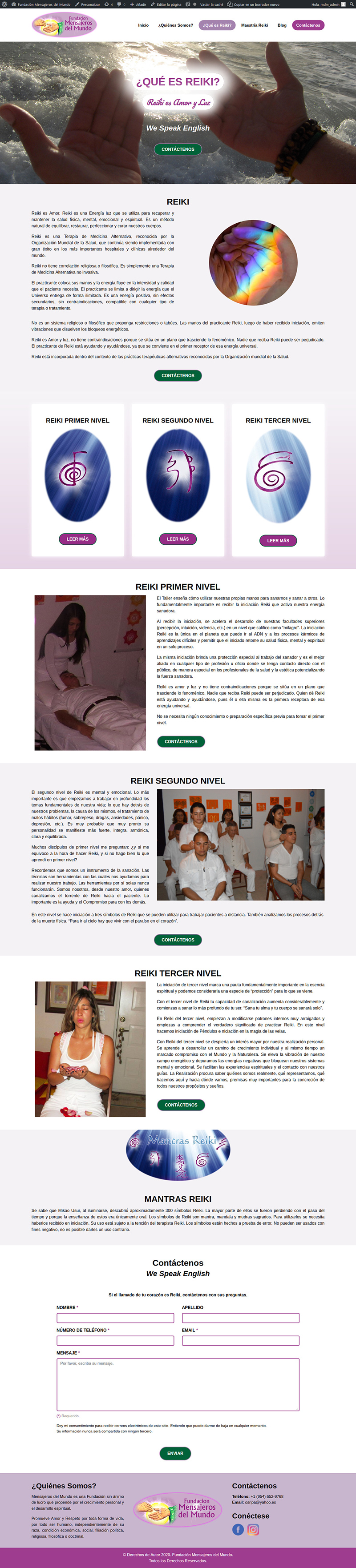Sitio web "Mensajeros del Mundo": Página "¿Qué es Reiki?" vista en dispositivos de pantalla grande.