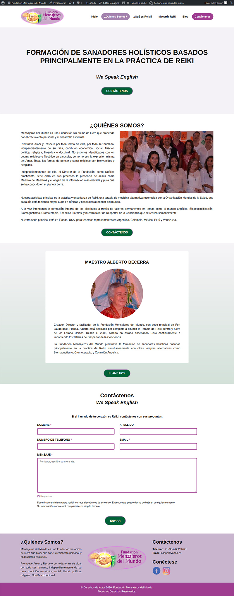 Sitio web "Mensajeros del Mundo": Página "¿Quiénes somos?" vista en dispositivos de pantalla grande.