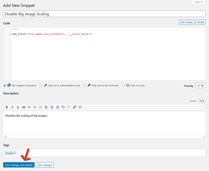 Screen "Add New" of the plugin Code Snippets.