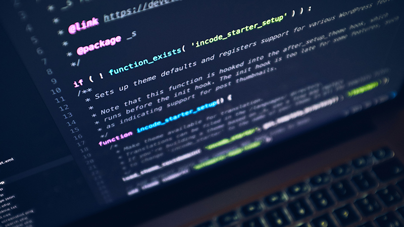 WordPress source code in a gray laptop.