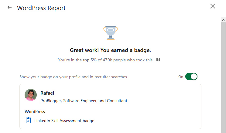 Resultado obtenido al hacer un examen de LinkedIn sobre WordPress.