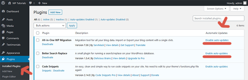 Links to enable or disable automatic updates for each plugin in WordPress.