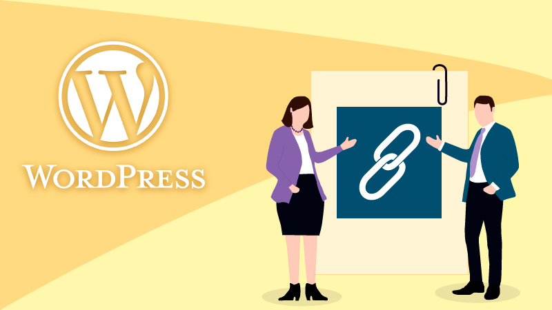 WordPress logo near a link symbol on a yellow background.