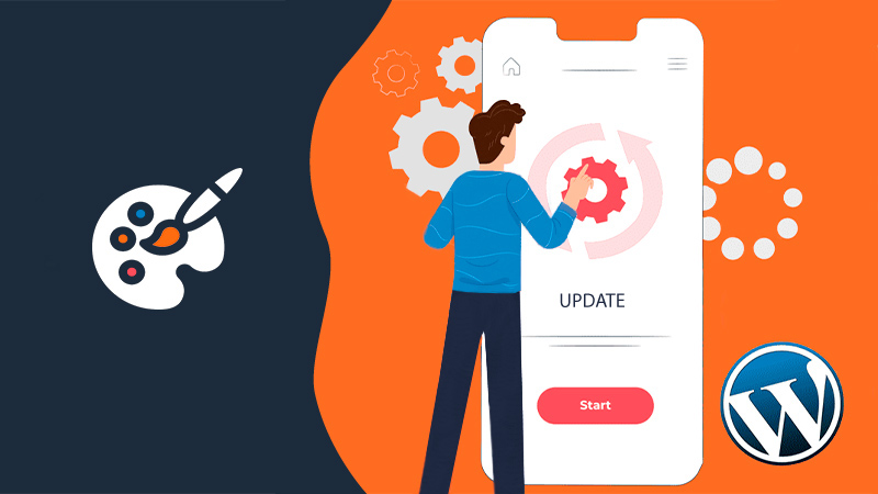 WordPress logo near a smartphone and a man.