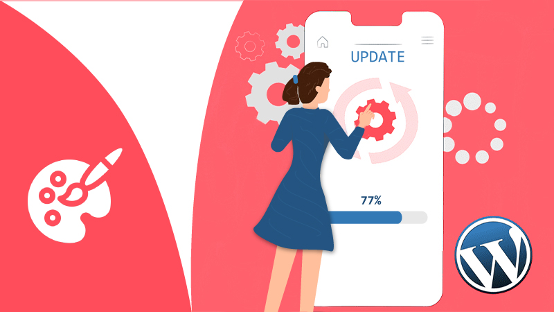 WordPress logo near a smartphone and a woman.