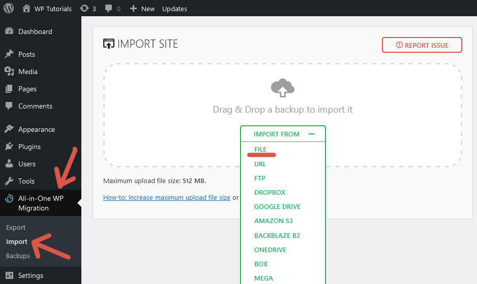 Screen indicating how to import a backup from a file using the plugin All-in-One WP Migration.