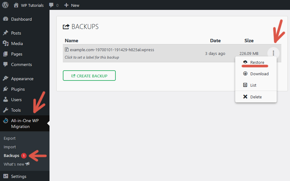 Screen indicating how to restore a backup using the plugin All-in-One WP Migration.