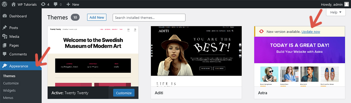Link to update a theme using the one-click method.