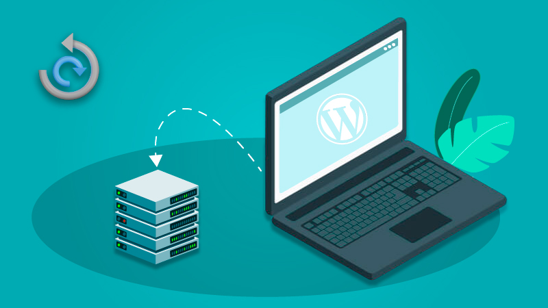 All-in-One WP Migration logo near a laptop and disks to represent an export.