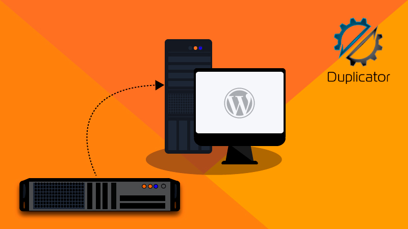 Duplicator logo near a desktop computer and a server to represent an import.