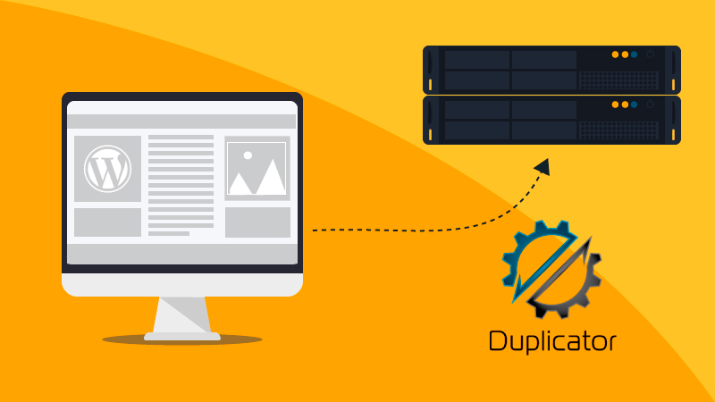 Logo de Duplicator cerca de un monitor y dos servidores para representar una exportación.