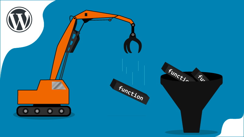WordPress logo near a crane and a funnel.