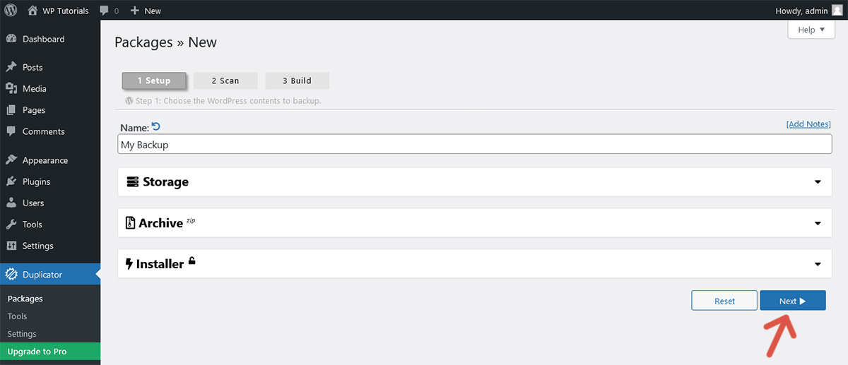 Second step of the procedure to create a package using Duplicator.