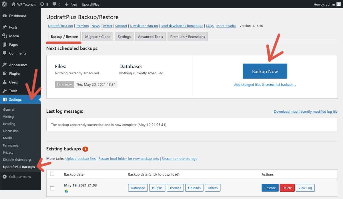 First step of the procedure to create a backup using UpdraftPlus.