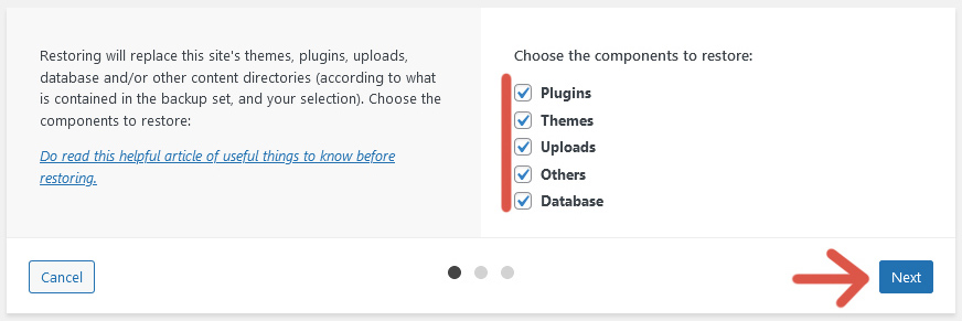 Second step of the procedure to restore a website from a backup using UpdraftPlus.