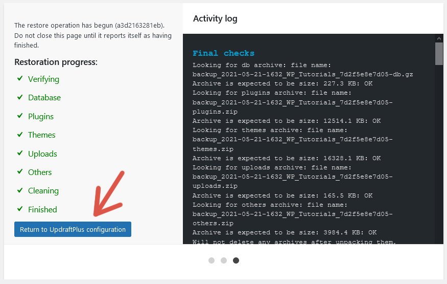 Fourth step of the procedure to restore a website from a backup using UpdraftPlus.