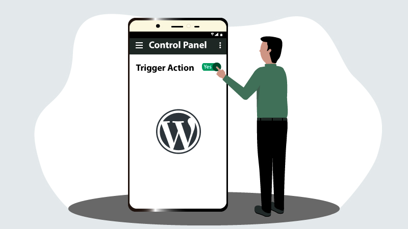 WordPress logo near a man turning on a switch.