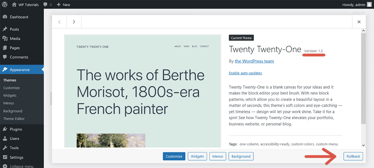 Second step of the procedure to roll back a theme using WP Rollback.