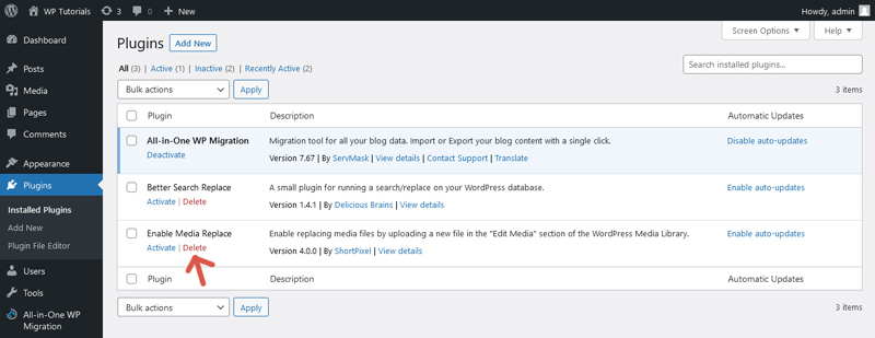 Link to delete the plugin Enable Media Replace.
