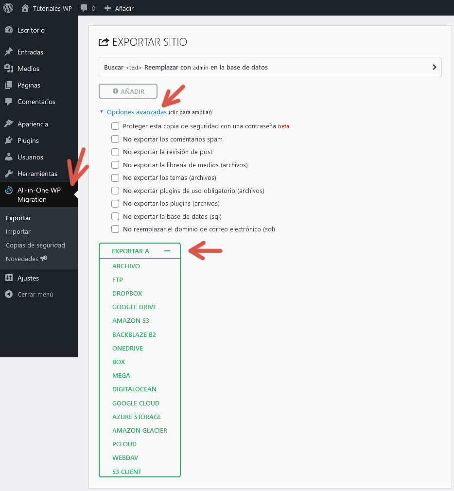 Pantalla "Exportar" del plugin All-in-One WP Migration.